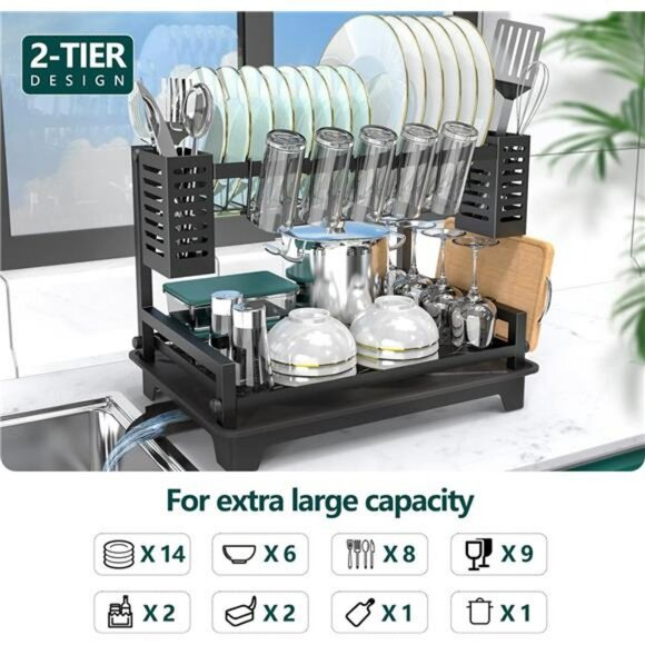 2 Tier Dish Drying Rack with Drainboard Utensil Holder for Kitchen Counter - Picture 3 of 7